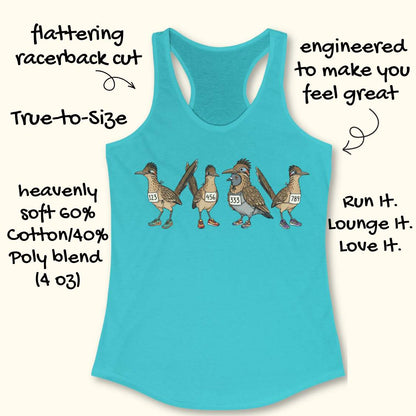 blue racerback tank top featuring a whimsical illustration of four road runner birds wearing race bibs and colorful running shoes. Three road runners stand together while a different bird, a pigeon wearing a road runner costume and race bib, stands among them as part of the group. The playful design symbolizes belonging, inclusion, and the idea that every runner has a place in the running community, regardless of pace, experience, or appearance. The artwork uses soft earth tones with colorful shoe accents 