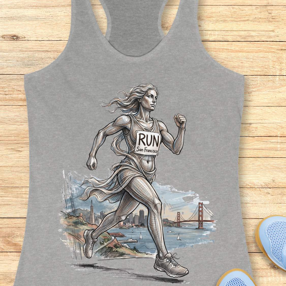 grey racerback tank top featuring an artistic illustration of a runner in motion, drawn in a detailed sketch style with flowing lines that suggest speed and movement. The runner wears a race bib that reads “RUN San Francisco.” In the background, the San Francisco skyline and the iconic Golden Gate Bridge overlook the bay with sailboats on the water. The design combines running, travel, and city pride, celebrating the experience of running in San Francisco through a blend of athletic energy and landmark sce