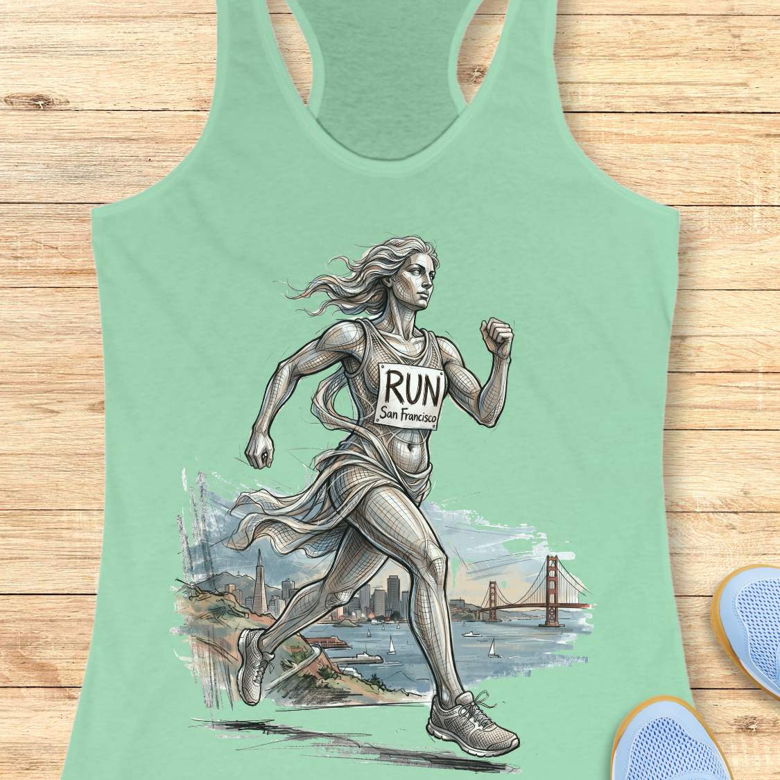 mint racerback tank top featuring an artistic illustration of a runner in motion, drawn in a detailed sketch style with flowing lines that suggest speed and movement. The runner wears a race bib that reads “RUN San Francisco.” In the background, the San Francisco skyline and the iconic Golden Gate Bridge overlook the bay with sailboats on the water. The design combines running, travel, and city pride, celebrating the experience of running in San Francisco through a blend of athletic energy and landmark sce