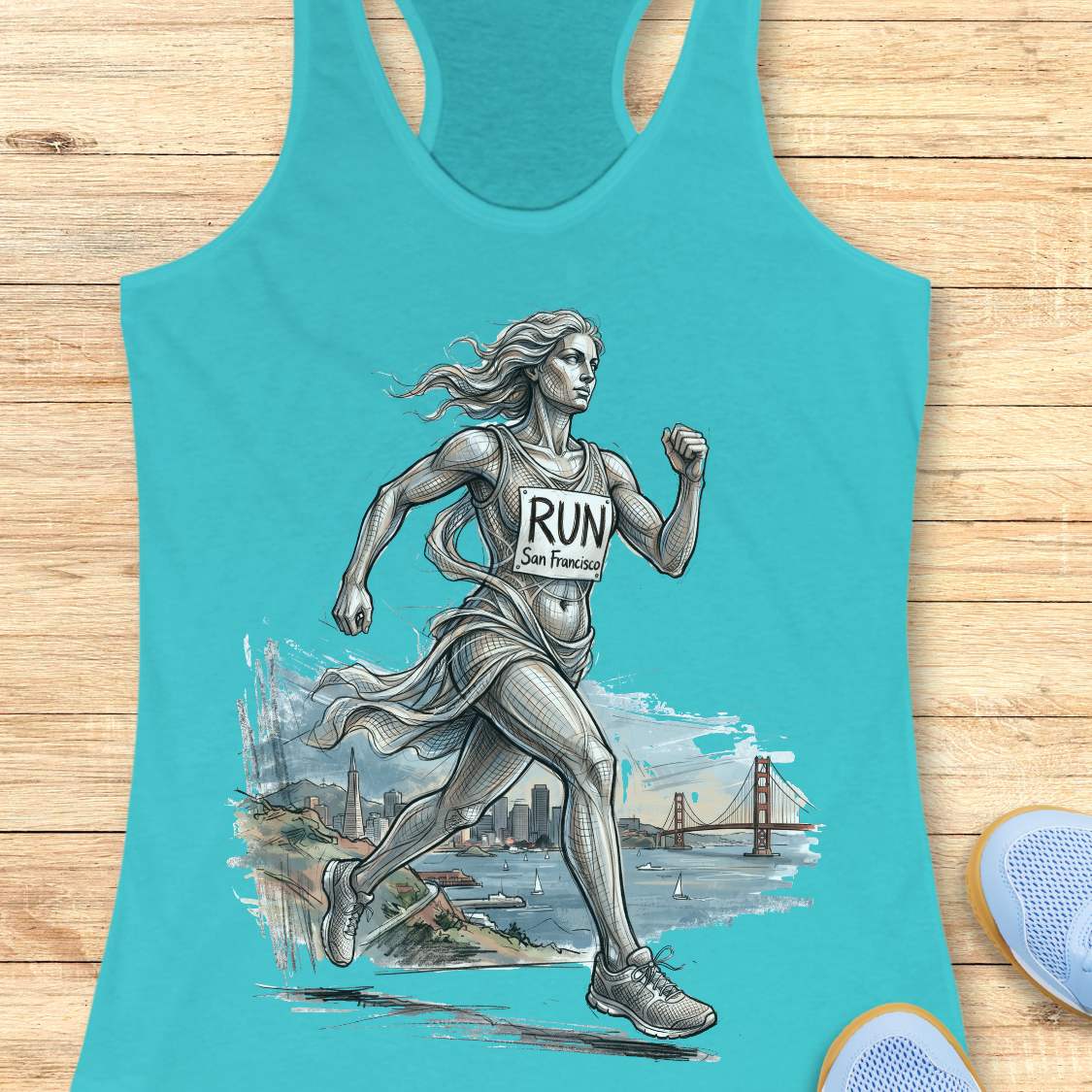blue racerback tank top featuring an artistic illustration of a runner in motion, drawn in a detailed sketch style with flowing lines that suggest speed and movement. The runner wears a race bib that reads “RUN San Francisco.” In the background, the San Francisco skyline and the iconic Golden Gate Bridge overlook the bay with sailboats on the water. The design combines running, travel, and city pride, celebrating the experience of running in San Francisco through a blend of athletic energy and landmark sce