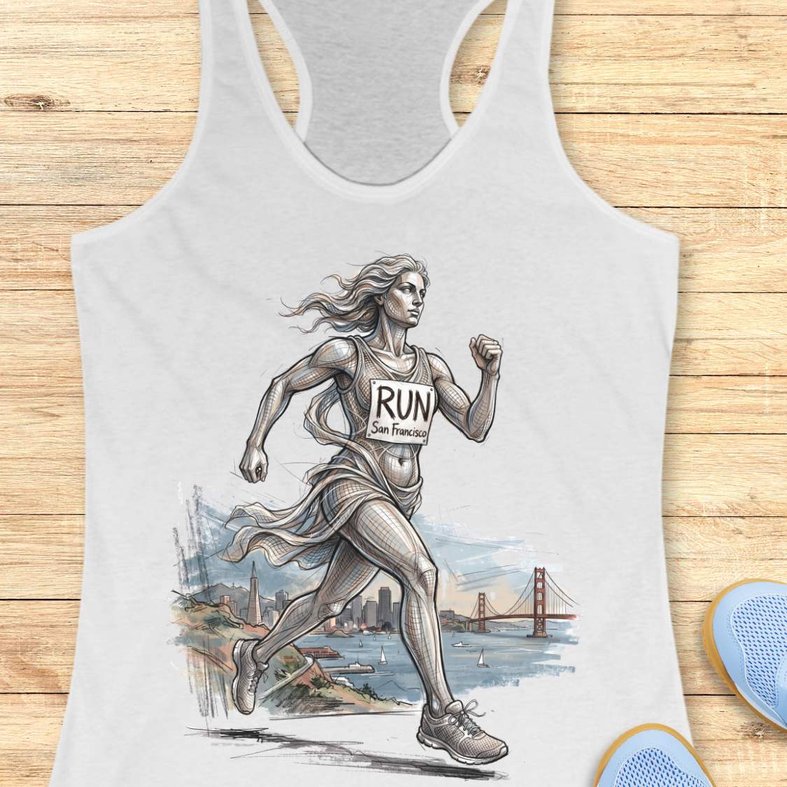 White racerback tank top featuring an artistic illustration of a runner in motion, drawn in a detailed sketch style with flowing lines that suggest speed and movement. The runner wears a race bib that reads “RUN San Francisco.” In the background, the San Francisco skyline and the iconic Golden Gate Bridge overlook the bay with sailboats on the water. The design combines running, travel, and city pride, celebrating the experience of running in San Francisco through a blend of athletic energy and landmark sce