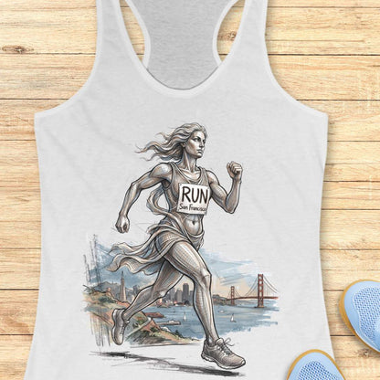 White racerback tank top featuring an artistic illustration of a runner in motion, drawn in a detailed sketch style with flowing lines that suggest speed and movement. The runner wears a race bib that reads “RUN San Francisco.” In the background, the San Francisco skyline and the iconic Golden Gate Bridge overlook the bay with sailboats on the water. The design combines running, travel, and city pride, celebrating the experience of running in San Francisco through a blend of athletic energy and landmark sce