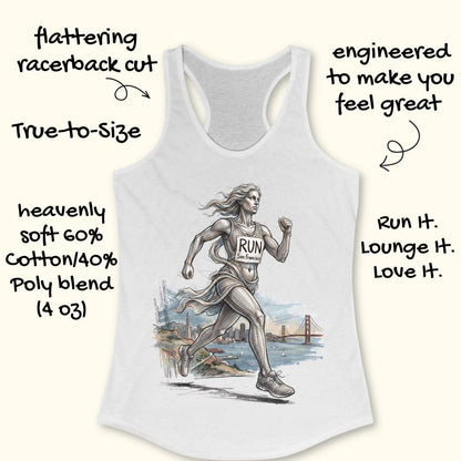 White racerback tank top featuring an artistic illustration of a runner in motion, drawn in a detailed sketch style with flowing lines that suggest speed and movement. The runner wears a race bib that reads “RUN San Francisco.” In the background, the San Francisco skyline and the iconic Golden Gate Bridge overlook the bay with sailboats on the water. The design combines running, travel, and city pride, celebrating the experience of running in San Francisco through a blend of athletic energy and landmark sce