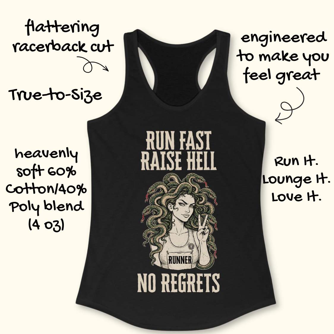 Black racerback tank top with a graphic of a woman with curly hair and the text 'RUN FAST RAISE HELL NO REGRETS' and 'RUN IT. LOUNGE IT.