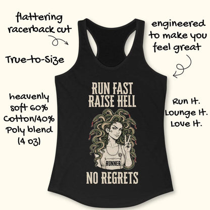 Black racerback tank top with a graphic of a woman with curly hair and the text 'RUN FAST RAISE HELL NO REGRETS' and 'RUN IT. LOUNGE IT.