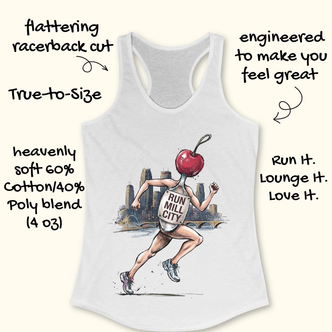 White racerback tank top with a graphic of a runner whose head is a cherry, with text overlays describing the product features on a light cream background.