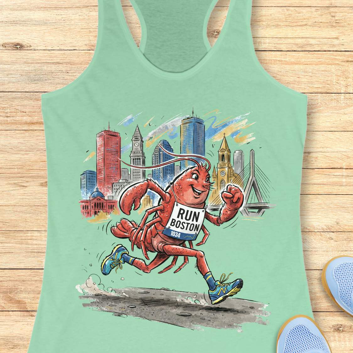 A mint green racerback tank top laid flat on a light wood floor, featuring a colorful graphic of a lobster running with a 'RUN BOSTON' bib and a city skyline in the background.