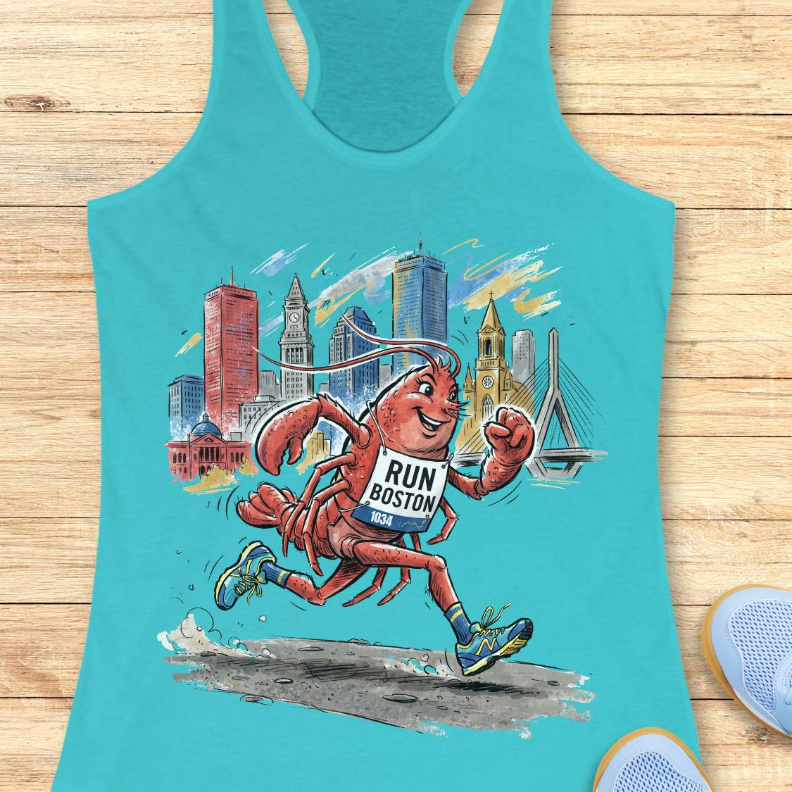 A turquoise racerback tank top laid flat on a light wood surface, featuring a colorful graphic of a lobster running with a 'RUN BOSTON' bib and a city skyline in the background. Partial blue shoes are visible at the bottom right.