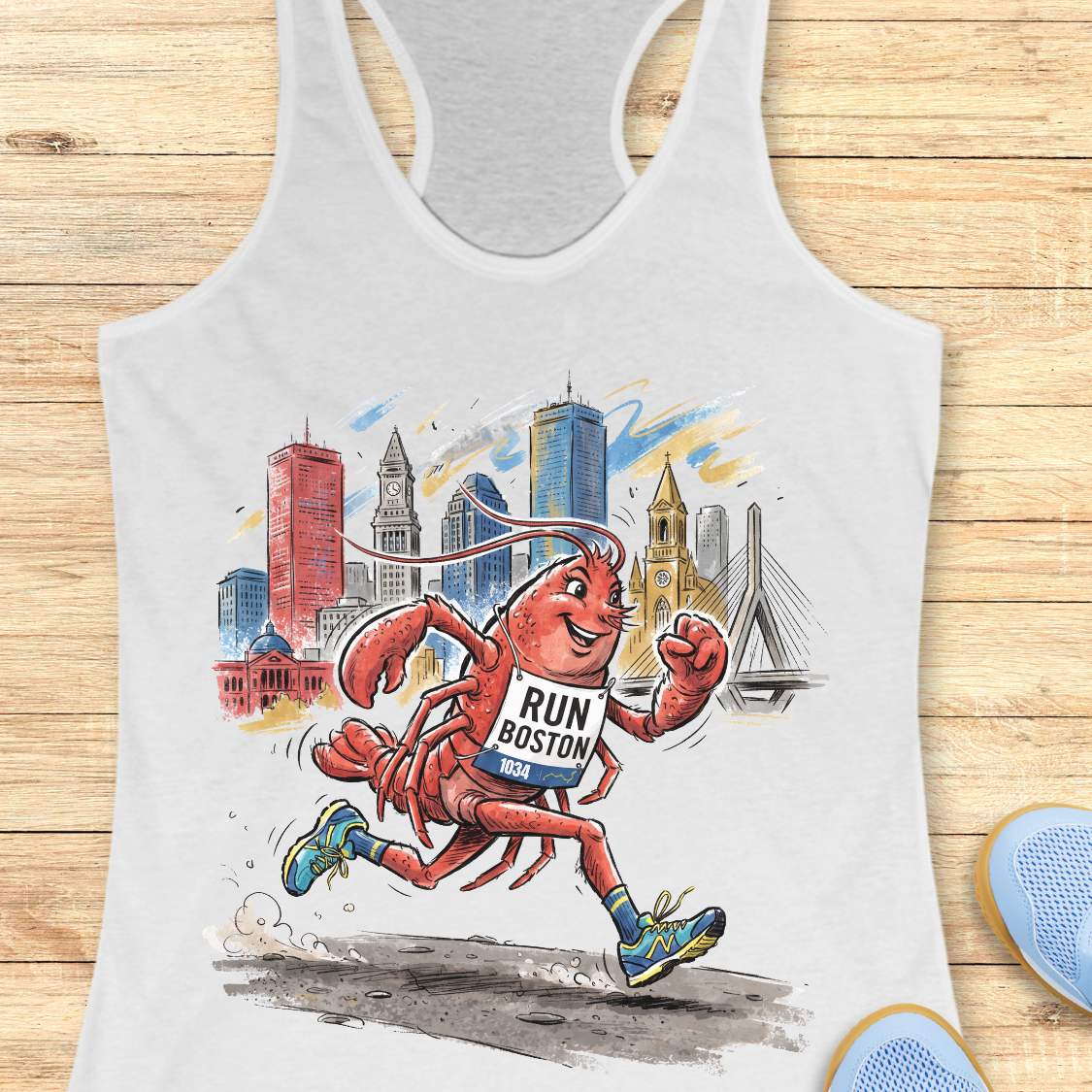 A white racerback tank top laid flat on a light wood surface, featuring a colorful graphic of a running lobster in front of a city skyline with the text 'RUN BOSTON 2024'. Partial blue shoes are visible at the bottom right edge.