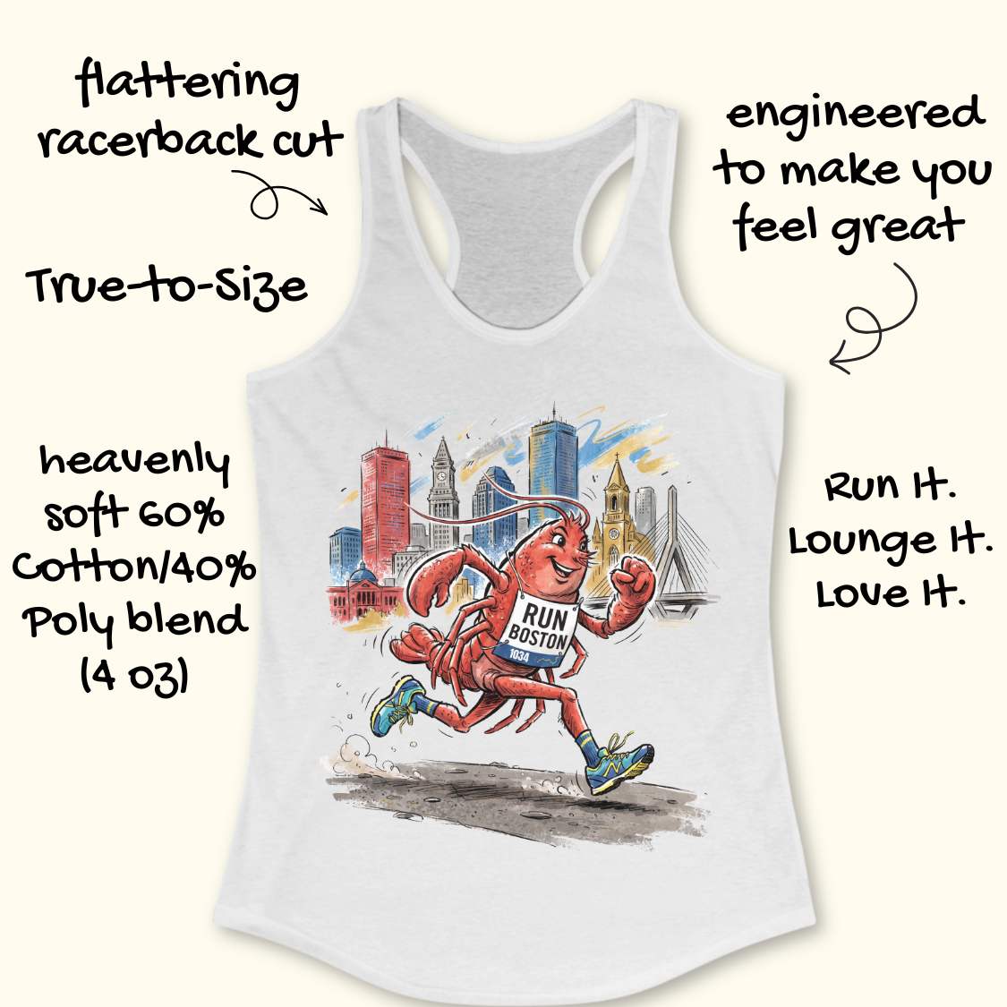 A white racerback tank top with a colorful cartoon lobster running in front of a city skyline, surrounded by promotional text callouts on a light beige background.
