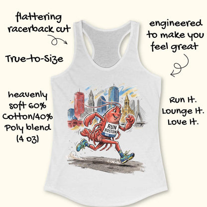 A white racerback tank top with a colorful cartoon lobster running in front of a city skyline, surrounded by promotional text callouts on a light beige background.