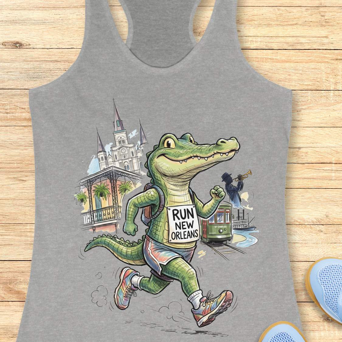A heather gray racerback tank top laid flat on a light wood surface, featuring a colorful graphic of an alligator running with a sign that reads 'RUN NEW ORLEANS' and illustrated architecture, a streetcar, and a musician.