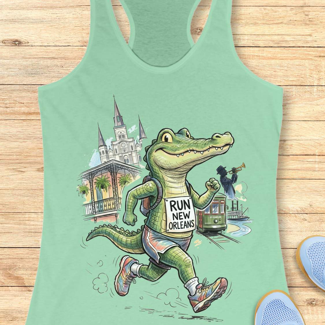 A mint green racerback tank top laid flat on a light wood plank background, featuring a colorful graphic of a cartoon alligator running with a New Orleans-themed chest sign that reads 'RUN NEW ORLEANS'.
