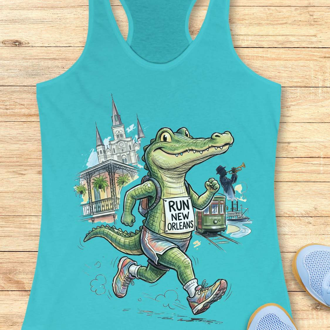 A turquoise racerback tank top laid flat on a light wood surface, featuring a colorful cartoon alligator running with a backpack that reads 'RUN NEW ORLEANS.' Partial blue sneakers are visible at the bottom right as styling props.