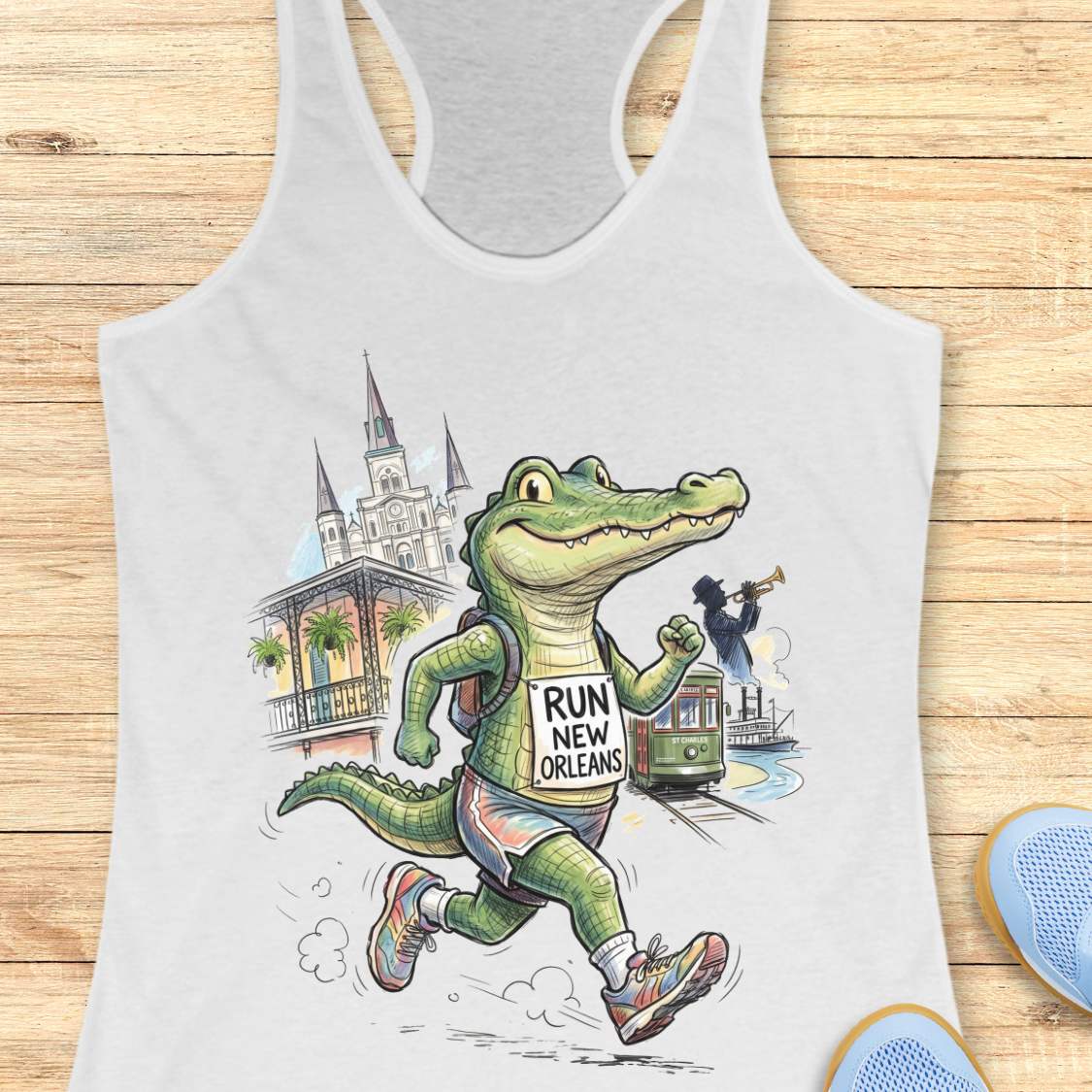 A white racerback tank top laid flat on a light wood surface, featuring a colorful graphic of an alligator running with a sign that reads 'RUN NEW ORLEANS' and a cityscape background. Partial blue shoes are visible at the bottom right edge.