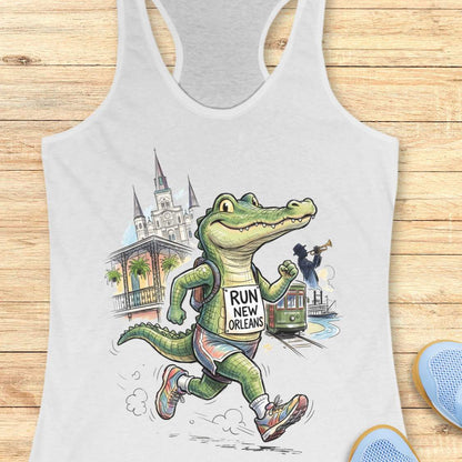 A white racerback tank top laid flat on a light wood surface, featuring a colorful graphic of an alligator running with a sign that reads 'RUN NEW ORLEANS' and a cityscape background. Partial blue shoes are visible at the bottom right edge.