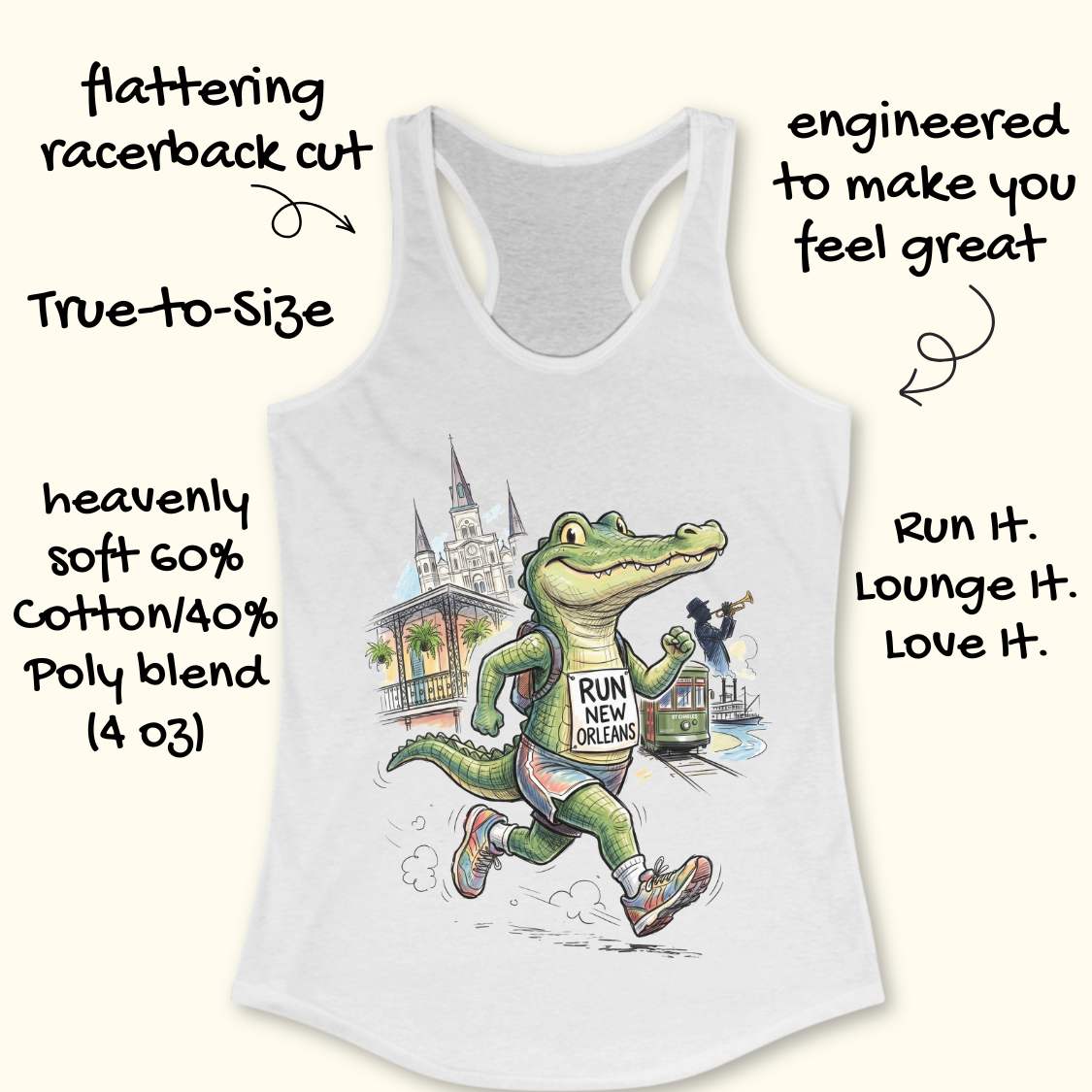 White racerback tank top with a colorful cartoon alligator graphic running in New Orleans, surrounded by promotional text callouts on a light beige background.