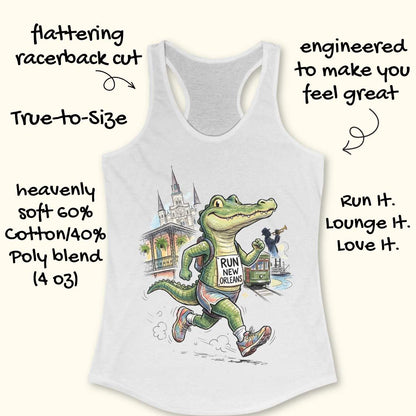 White racerback tank top with a colorful cartoon alligator graphic running in New Orleans, surrounded by promotional text callouts on a light beige background.
