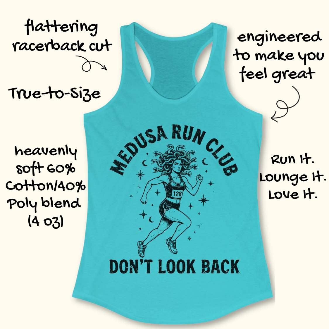 blue women's running tank top featuring a Medusa runner with snake hair, race bib 128, stars, and moons. Text reads "MEDUSA RUN CLUB" and "DON'T LOOK BACK." Mythology-inspired running apparel for women runners, featuring an empowering Greek mythology fitness design.