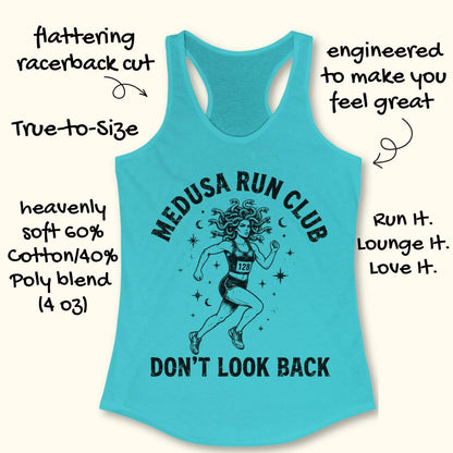 blue women's running tank top featuring a Medusa runner with snake hair, race bib 128, stars, and moons. Text reads "MEDUSA RUN CLUB" and "DON'T LOOK BACK." Mythology-inspired running apparel for women runners, featuring an empowering Greek mythology fitness design.