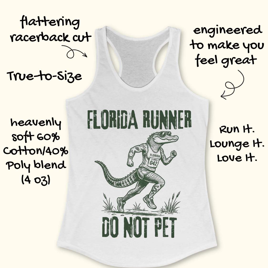 A white racerback tank top laid flat on a light wood background, featuring a dark green graphic of an alligator running with the text 'FLORIDA RUNNER' above and 'DO NOT PET' below.