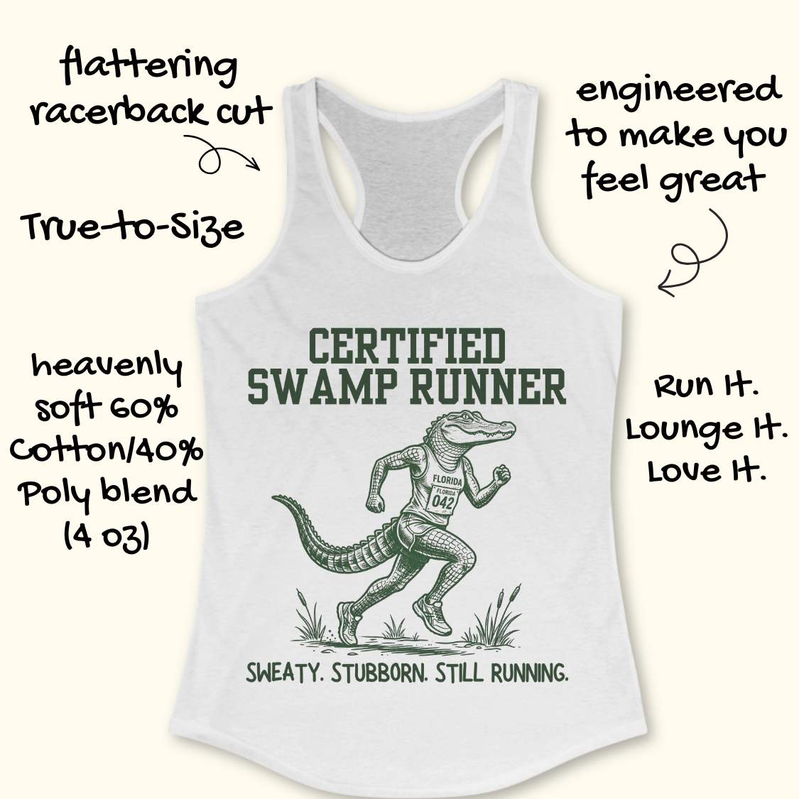 Funny swamp runner white tank top featuring a running alligator wearing a race bib and athletic gear with the slogan “Certified Swamp Runner: Sweaty. Stubborn. Still Running.” Perfect for women runners, Florida runners, trail runners, marathon training, and runners who embrace hot, humid miles.