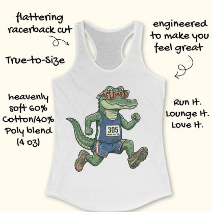 Funny Florida runner white tank top featuring a cartoon alligator wearing running gear, race bib 305, and Florida sunglasses while running. Perfect apparel for Florida runners, women runners, marathon training, trail runners, swamp runners, and anyone who loves running in the heat and humidity.