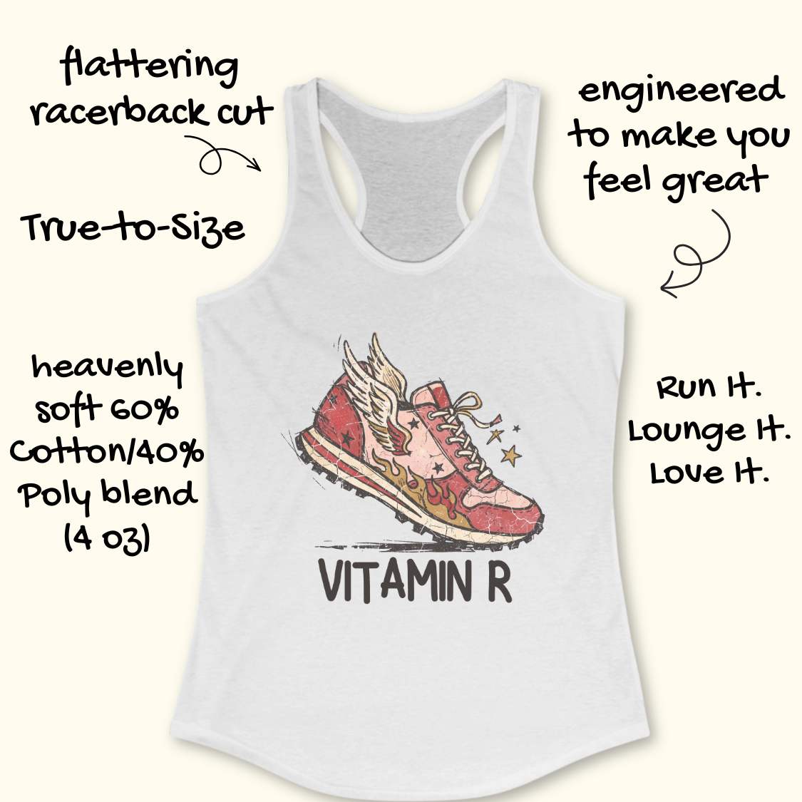 A white racerback tank top with a graphic of a red winged sneaker and the text 'VITAMIN R' on the front, shown on a light beige background with decorative text callouts around it.