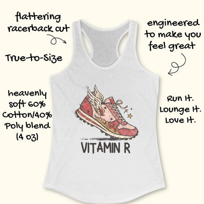 A white racerback tank top with a graphic of a red winged sneaker and the text 'VITAMIN R' on the front, shown on a light beige background with decorative text callouts around it.