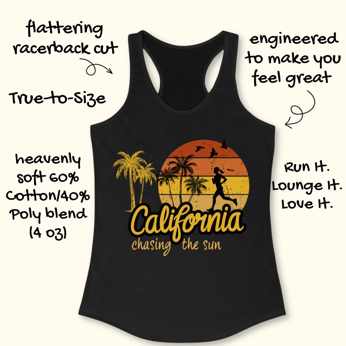 A black racerback tank top with a retro sunset graphic and the text 'California chasing the sun' on the front, shown on a light beige background with decorative text callouts around it.