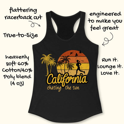 A black racerback tank top with a retro sunset graphic and the text 'California chasing the sun' on the front, shown on a light beige background with decorative text callouts around it.