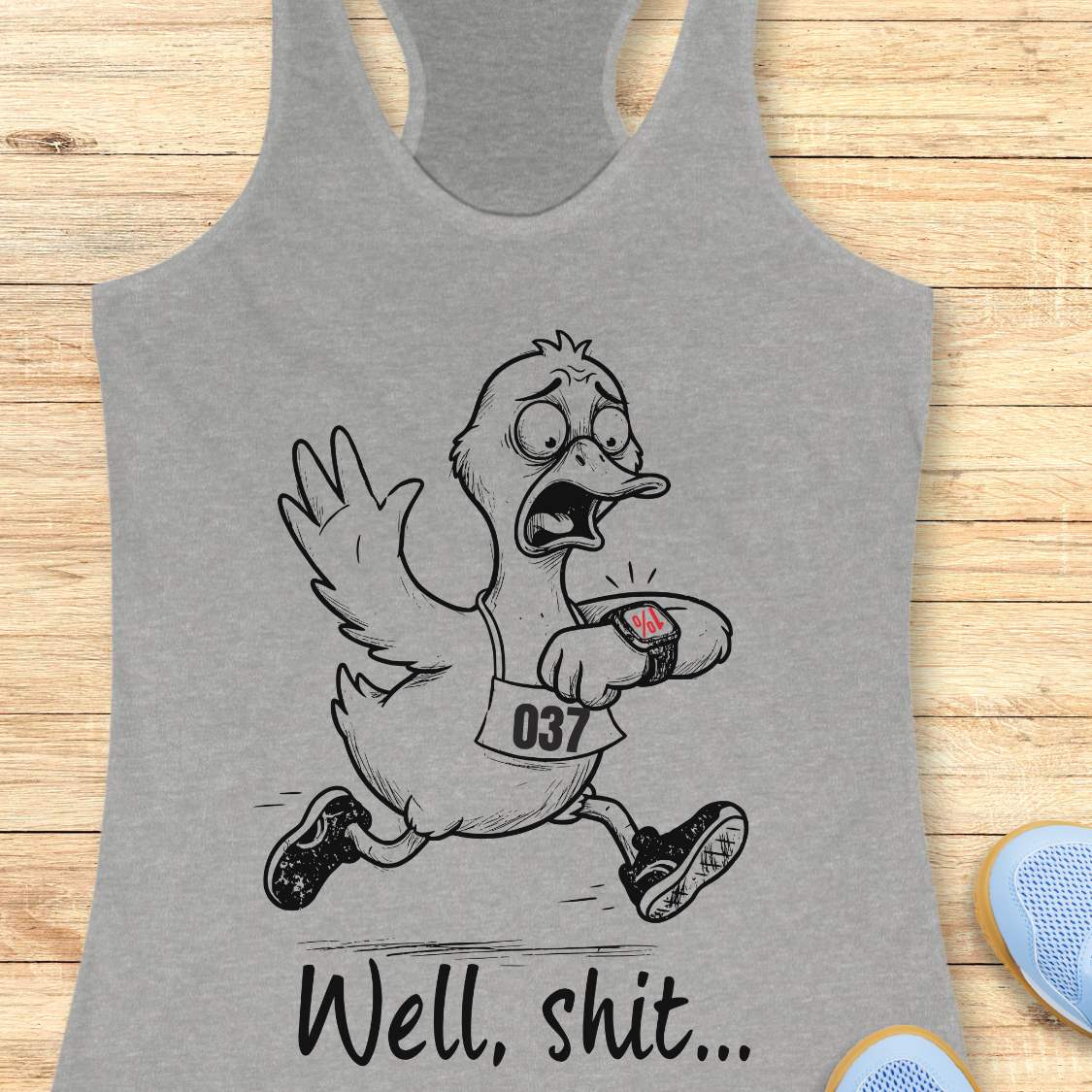 Funny runners grey racebace tank top runner duck tank top featuring a cartoon duck in running shoes checking a GPS watch with the slogan “Well, Shit...” on a turquoise women's running tank, humorous gift for runners, marathon runners, and trail runners.