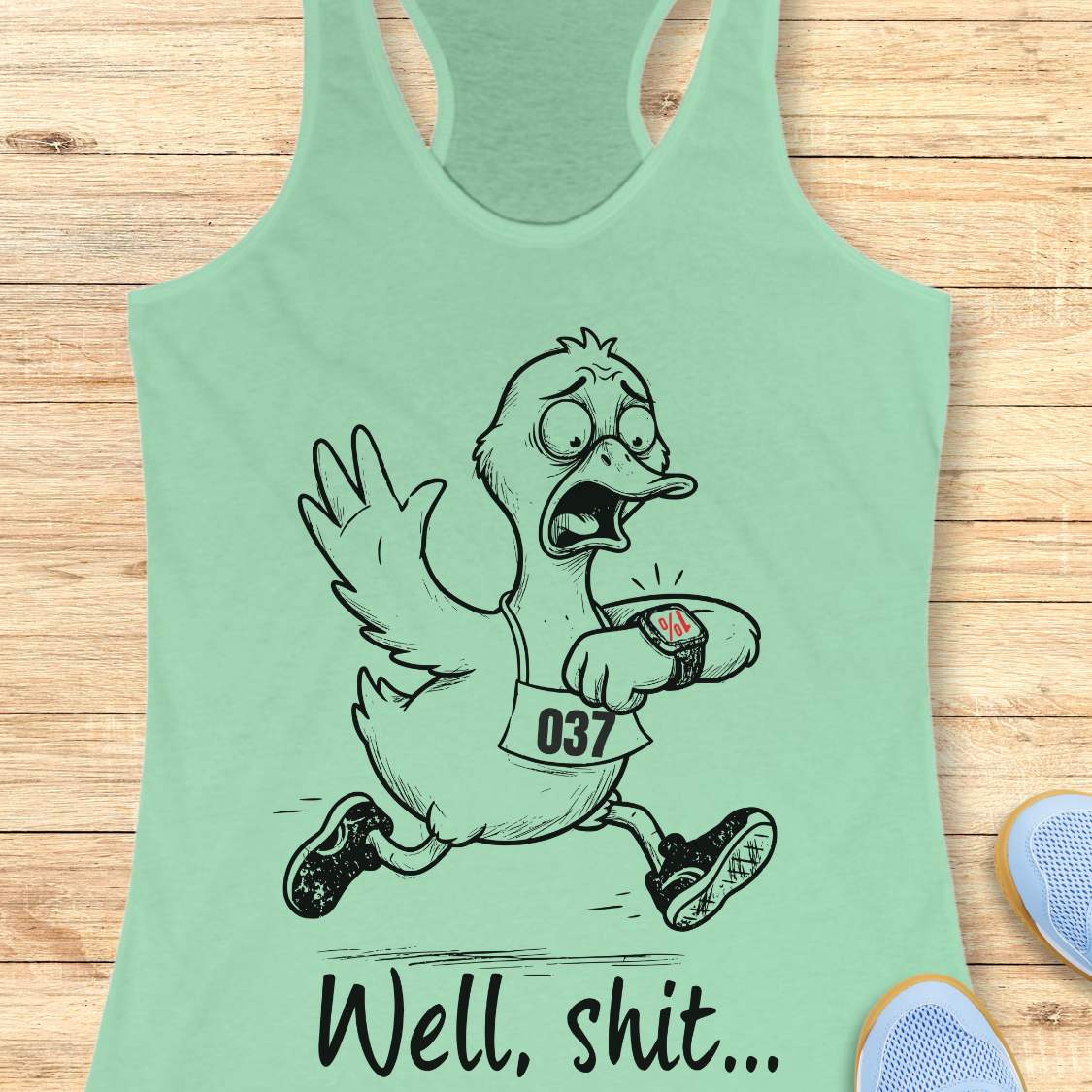 Funny runners mint racebace tank top runner duck tank top featuring a cartoon duck in running shoes checking a GPS watch with the slogan “Well, Shit...” on a turquoise women's running tank, humorous gift for runners, marathon runners, and trail runners.
