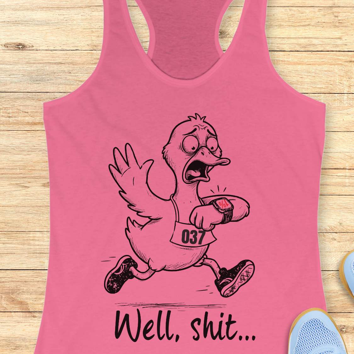 Funny runners pink racebace tank top runner duck tank top featuring a cartoon duck in running shoes checking a GPS watch with the slogan “Well, Shit...” on a turquoise women's running tank, humorous gift for runners, marathon runners, and trail runners.