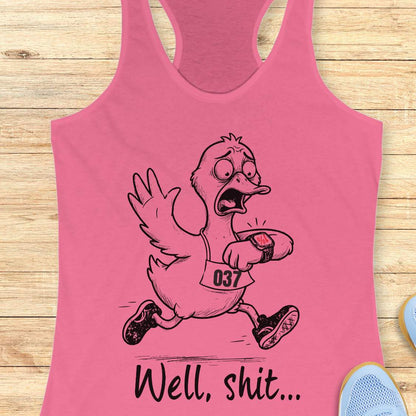 Funny runners pink racebace tank top runner duck tank top featuring a cartoon duck in running shoes checking a GPS watch with the slogan “Well, Shit...” on a turquoise women's running tank, humorous gift for runners, marathon runners, and trail runners.