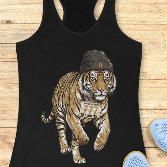 Tiger runner black raceback tank top featuring a running tiger wearing a beanie and race bib labeled “Mile Hunter,” wildlife-inspired women's running shirt for marathon runners, trail runners, and outdoor fitness lovers.