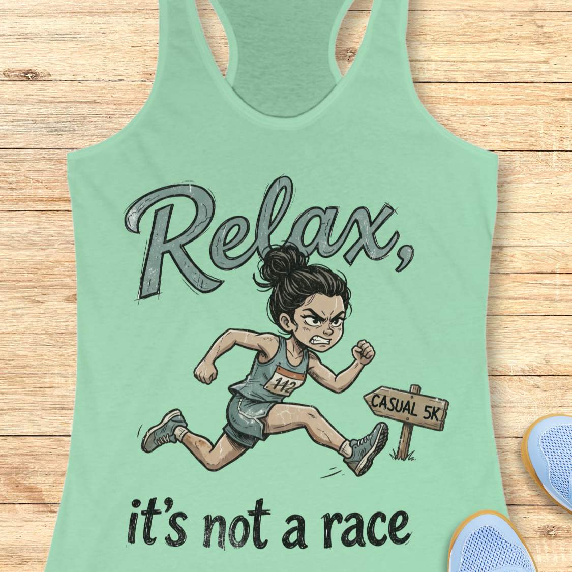 Funny women's running mint tank top featuring a cartoon runner sprinting intensely during a casual 5K race with the phrase "Relax, it's not a race." The design shows a determined runner wearing a race bib charging past a sign labeled "Casual 5K," creating a humorous contrast between a relaxed fun run and competitive running behavior. Perfect for women runners, race enthusiasts, 5K participants, running club members, and anyone who takes recreational races a little too seriously. 