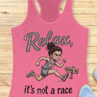 Funny women's running pink tank top featuring a cartoon runner sprinting intensely during a casual 5K race with the phrase "Relax, it's not a race." The design shows a determined runner wearing a race bib charging past a sign labeled "Casual 5K," creating a humorous contrast between a relaxed fun run and competitive running behavior. Perfect for women runners, race enthusiasts, 5K participants, running club members, and anyone who takes recreational races a little too seriously. 