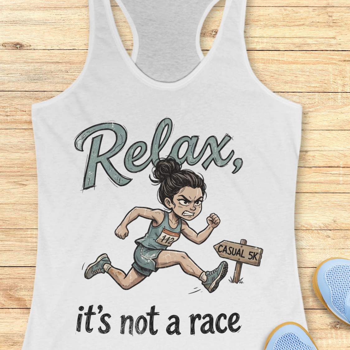 Funny women's running white tank top featuring a cartoon runner sprinting intensely during a casual 5K race with the phrase "Relax, it's not a race." The design shows a determined runner wearing a race bib charging past a sign labeled "Casual 5K," creating a humorous contrast between a relaxed fun run and competitive running behavior. Perfect for women runners, race enthusiasts, 5K participants, running club members, and anyone who takes recreational races a little too seriously. 