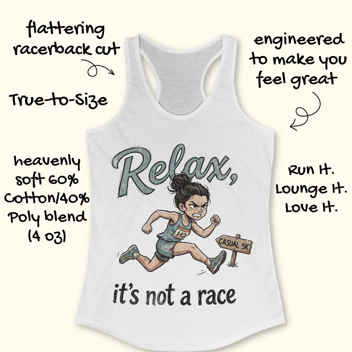 Funny women's running white tank top featuring a cartoon runner sprinting intensely during a casual 5K race with the phrase "Relax, it's not a race." The design shows a determined runner wearing a race bib charging past a sign labeled "Casual 5K," creating a humorous contrast between a relaxed fun run and competitive running behavior. Perfect for women runners, race enthusiasts, 5K participants, running club members, and anyone who takes recreational races a little too seriously. 