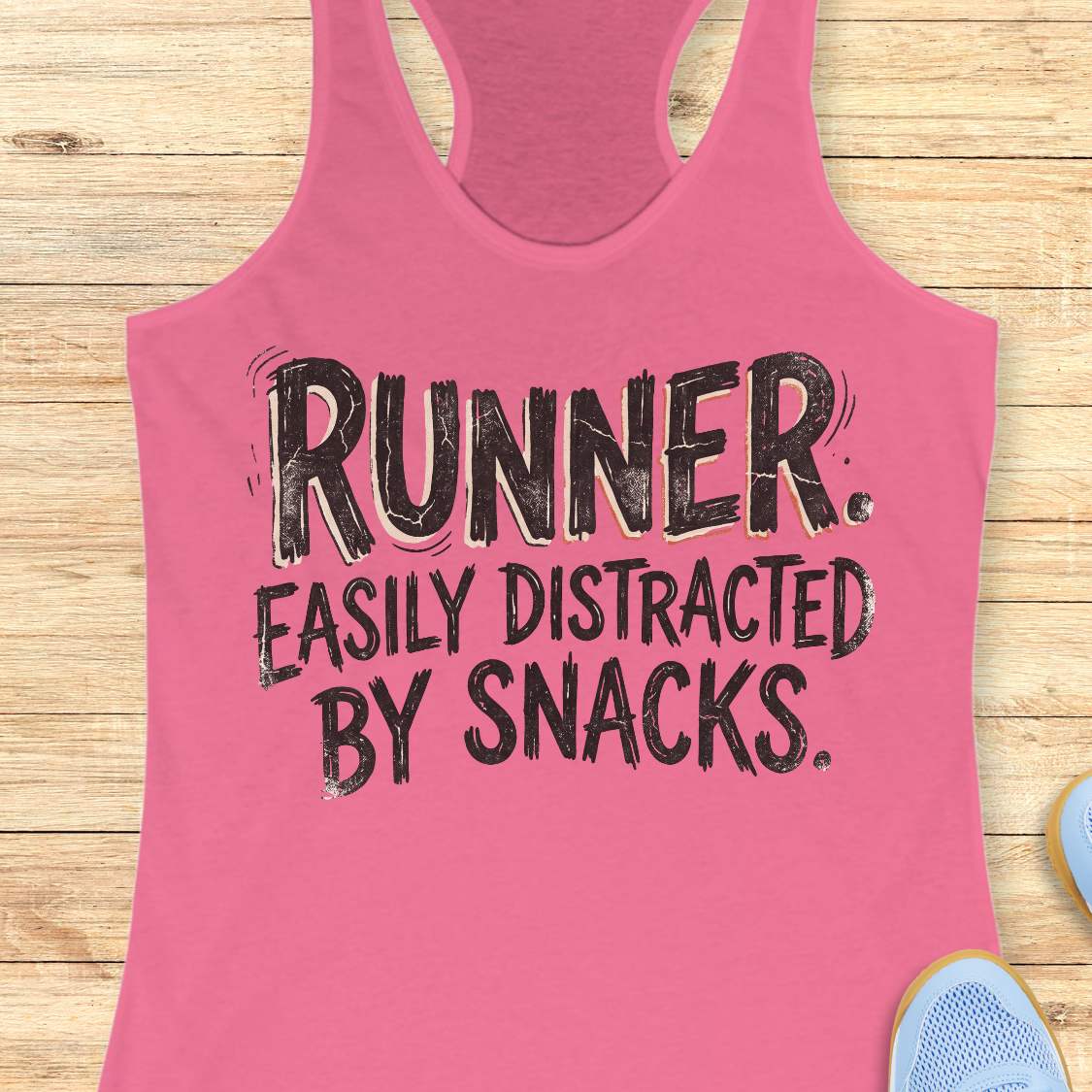 Funny runner tank top featuring the bold phrase “RUNNER. EASILY DISTRACTED BY SNACKS.” in distressed white typography on a pink racerback tank. Humorous running apparel for women who love running, carbs, post-run treats, energy gels, race snacks, and recovery food. Perfect for runners who are motivated by snacks, distracted by aid stations, and always thinking about their next treat after a run. Fun running gift for women runners, marathon runners, half marathon runners, 5K runners, trail runners, running 