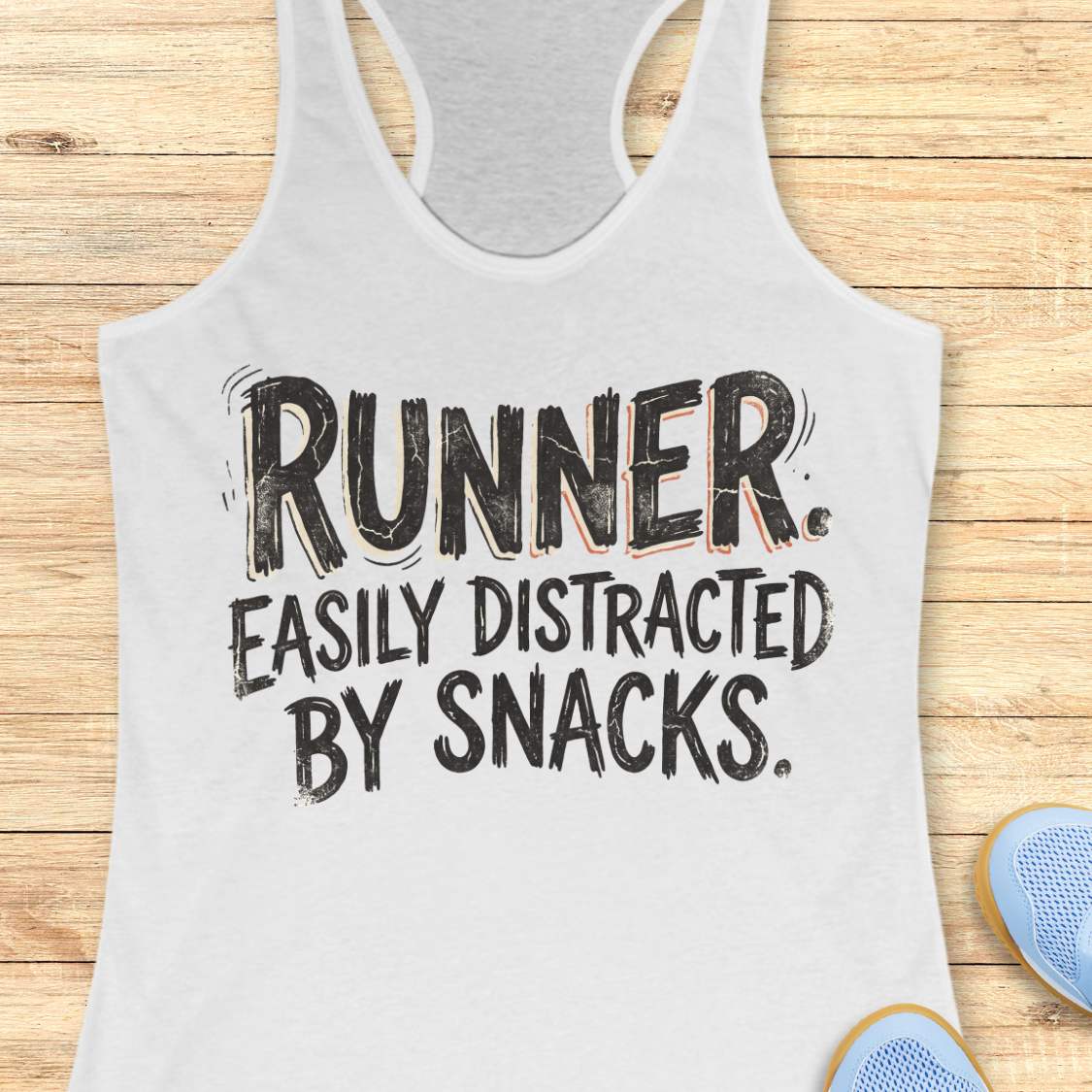 Funny runner tank top featuring the bold phrase “RUNNER. EASILY DISTRACTED BY SNACKS.” in distressed white typography on a white racerback tank. Humorous running apparel for women who love running, carbs, post-run treats, energy gels, race snacks, and recovery food. Perfect for runners who are motivated by snacks, distracted by aid stations, and always thinking about their next treat after a run. Fun running gift for women runners, marathon runners, half marathon runners, 5K runners, trail runners, running 