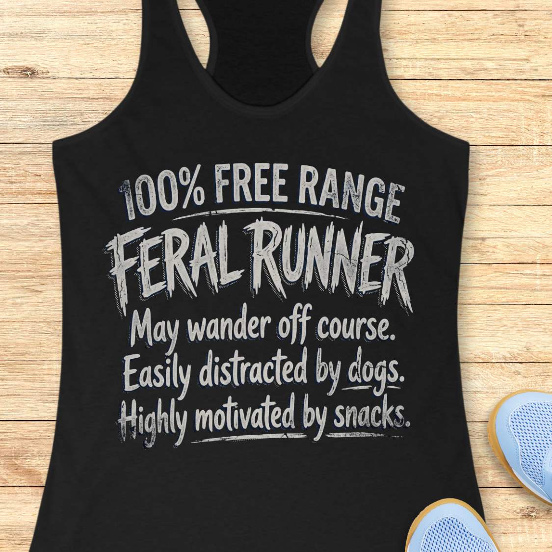Funny women's running black tank top featuring the phrase "100% FREE RANGE FERAL RUNNER" in bold distressed typography, followed by the humorous traits "May wander off course. Easily distracted by dogs. Highly motivated by snacks." This playful running design celebrates runners who embrace adventure, love dogs, enjoy trail running, and are always thinking about their next snack. Perfect for women runners, dog-loving runners, trail runners, marathon runners, half marathon runners, 5K participants,