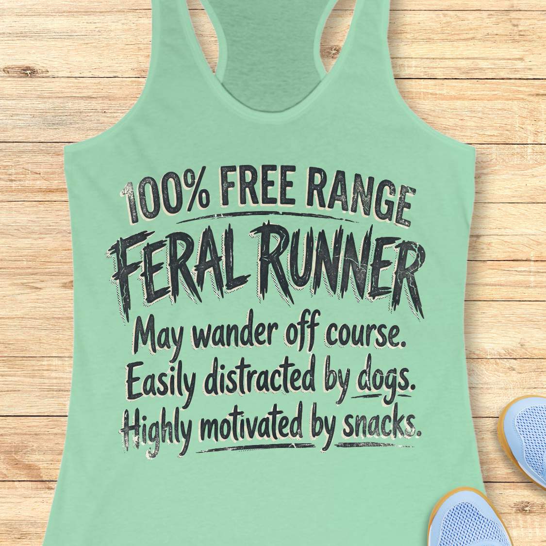 Funny women's running mint tank top featuring the phrase "100% FREE RANGE FERAL RUNNER" in bold distressed typography, followed by the humorous traits "May wander off course. Easily distracted by dogs. Highly motivated by snacks." This playful running design celebrates runners who embrace adventure, love dogs, enjoy trail running, and are always thinking about their next snack. Perfect for women runners, dog-loving runners, trail runners, marathon runners, half marathon runners, 5K participants,
