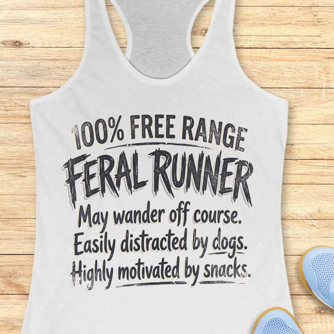 Funny women's running white tank top featuring the phrase "100% FREE RANGE FERAL RUNNER" in bold distressed typography, followed by the humorous traits "May wander off course. Easily distracted by dogs. Highly motivated by snacks." This playful running design celebrates runners who embrace adventure, love dogs, enjoy trail running, and are always thinking about their next snack. Perfect for women runners, dog-loving runners, trail runners, marathon runners, half marathon runners, 5K participants,