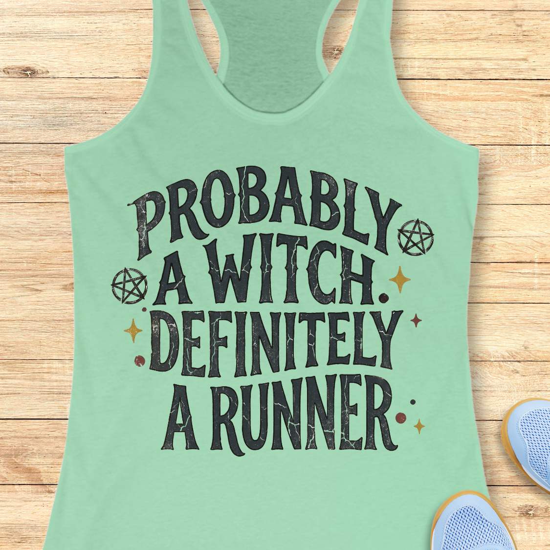 mint women's running tank top featuring the slogan 'Probably a Witch. Definitely a Runner.' with witchy pentagram symbols and celestial accents, perfect for women runners who love running, witch aesthetics, and magical fitness apparel