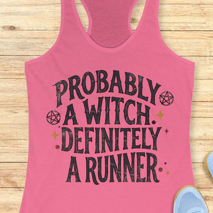 pink women's running tank top featuring the slogan 'Probably a Witch. Definitely a Runner.' with witchy pentagram symbols and celestial accents, perfect for women runners who love running, witch aesthetics, and magical fitness apparel