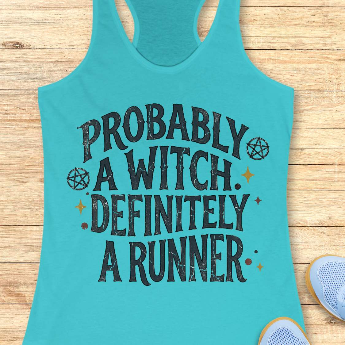 Turquoise women's running tank top featuring the slogan 'Probably a Witch. Definitely a Runner.' with witchy pentagram symbols and celestial accents, perfect for women runners who love running, witch aesthetics, and magical fitness apparel