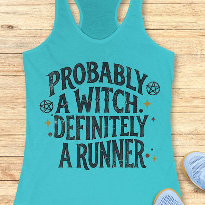 Turquoise women's running tank top featuring the slogan 'Probably a Witch. Definitely a Runner.' with witchy pentagram symbols and celestial accents, perfect for women runners who love running, witch aesthetics, and magical fitness apparel
