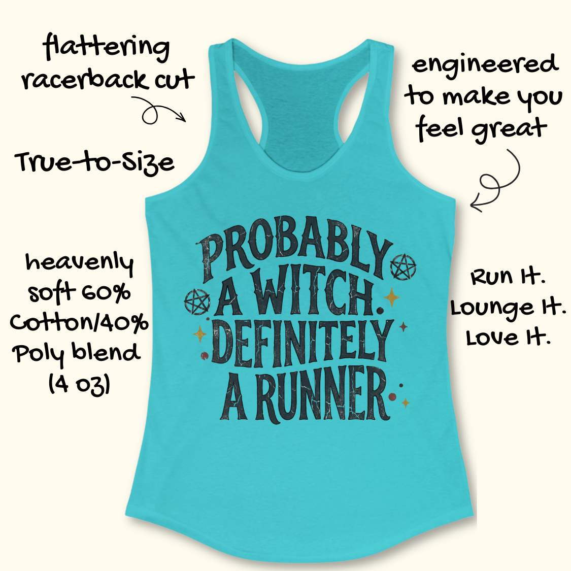 Turquoise women's running tank top featuring the slogan 'Probably a Witch. Definitely a Runner.' with witchy pentagram symbols and celestial accents, perfect for women runners who love running, witch aesthetics, and magical fitness apparel